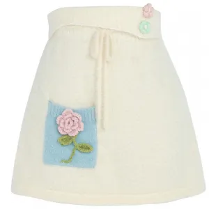 Beige  Floral Embellished Knitted Skirt with Self-tie Strap at Front