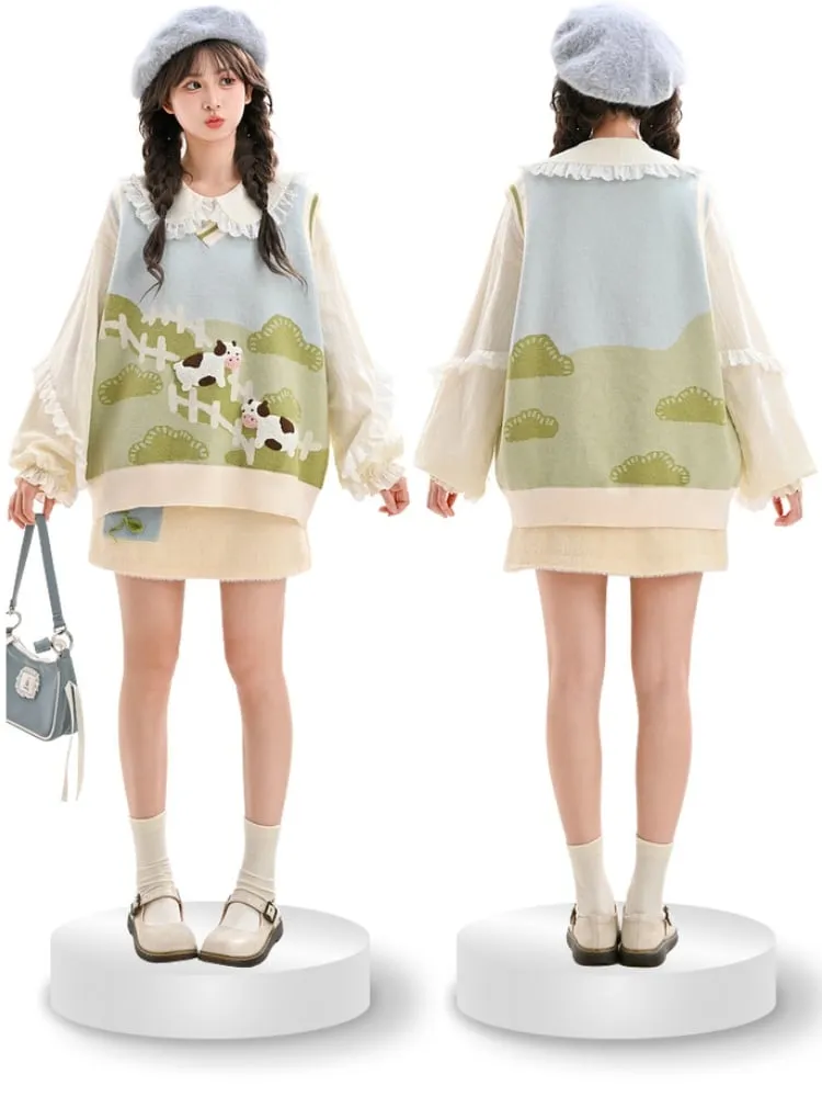 Beige  Floral Embellished Knitted Skirt with Self-tie Strap at Front