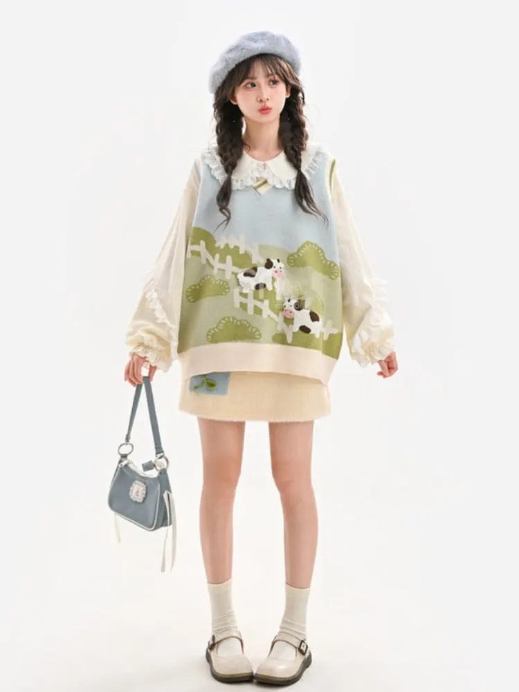 Beige  Floral Embellished Knitted Skirt with Self-tie Strap at Front