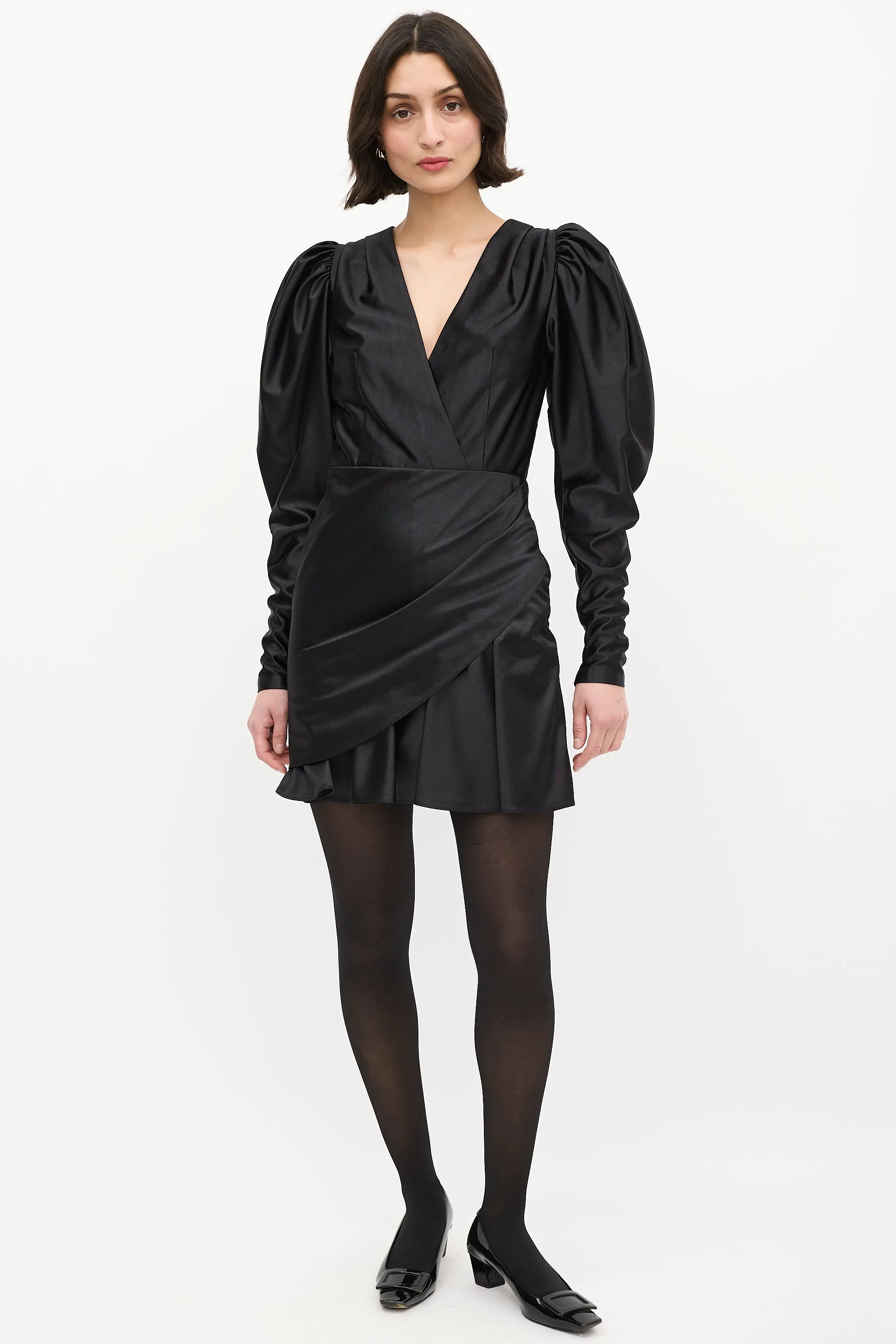 Black Satin Puff Sleeve V-Neck Mini Dress