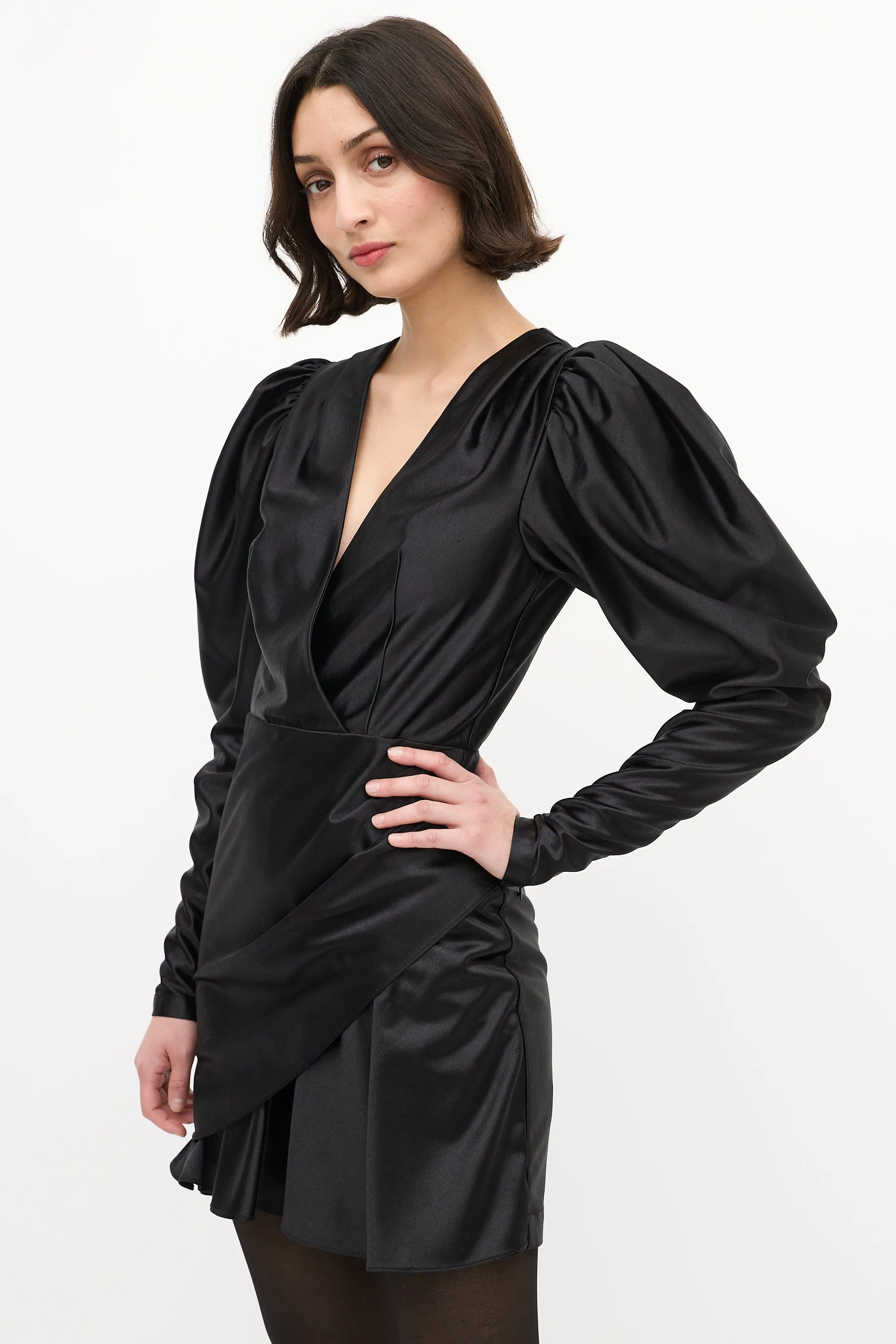 Black Satin Puff Sleeve V-Neck Mini Dress