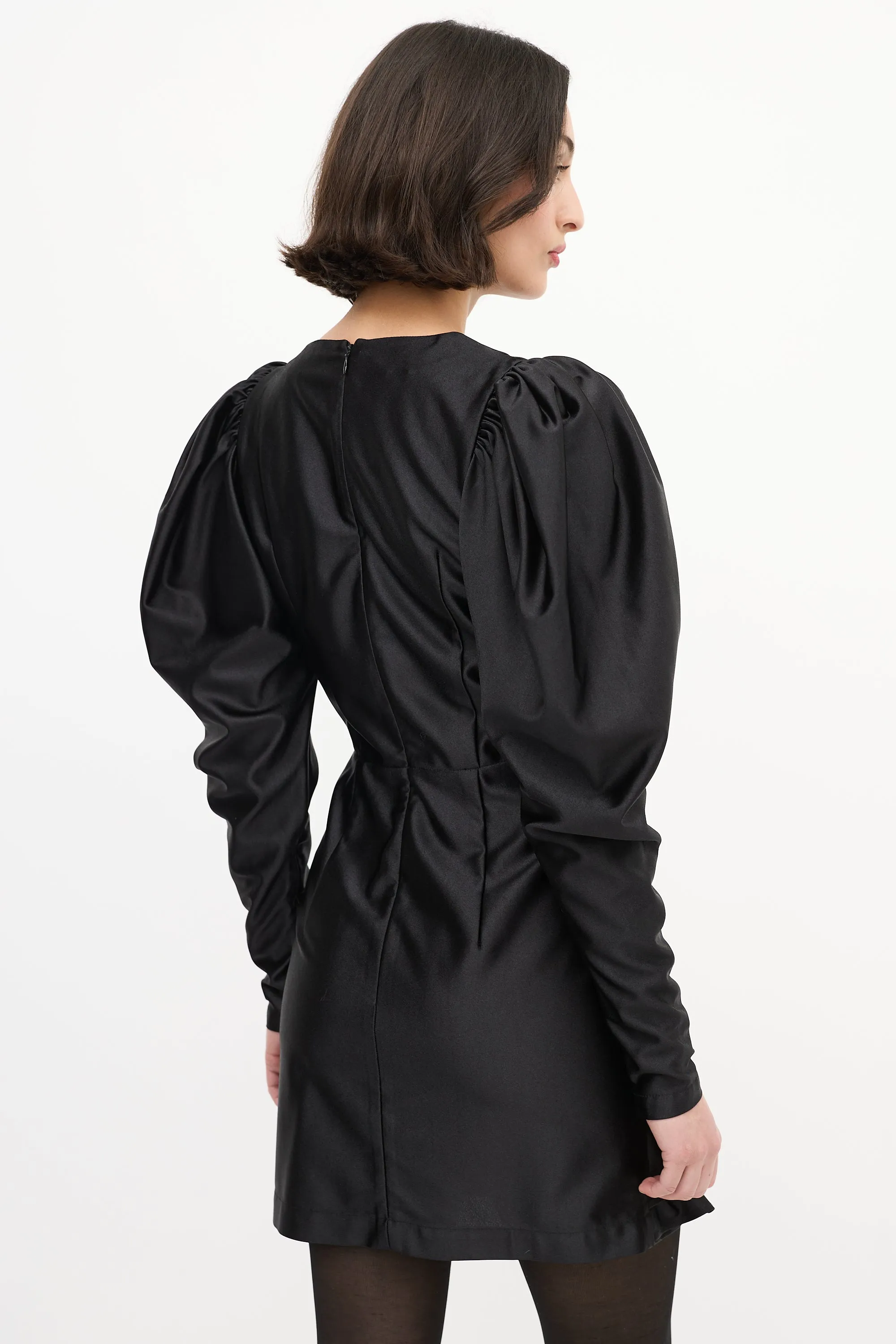 Black Satin Puff Sleeve V-Neck Mini Dress