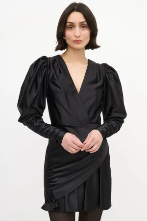 Black Satin Puff Sleeve V-Neck Mini Dress