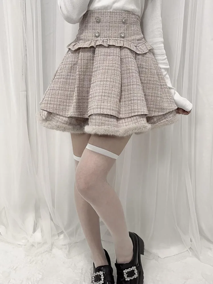 Black/White/Dusty Pink Tweed High Waist Tiered Skirt Plush Hem