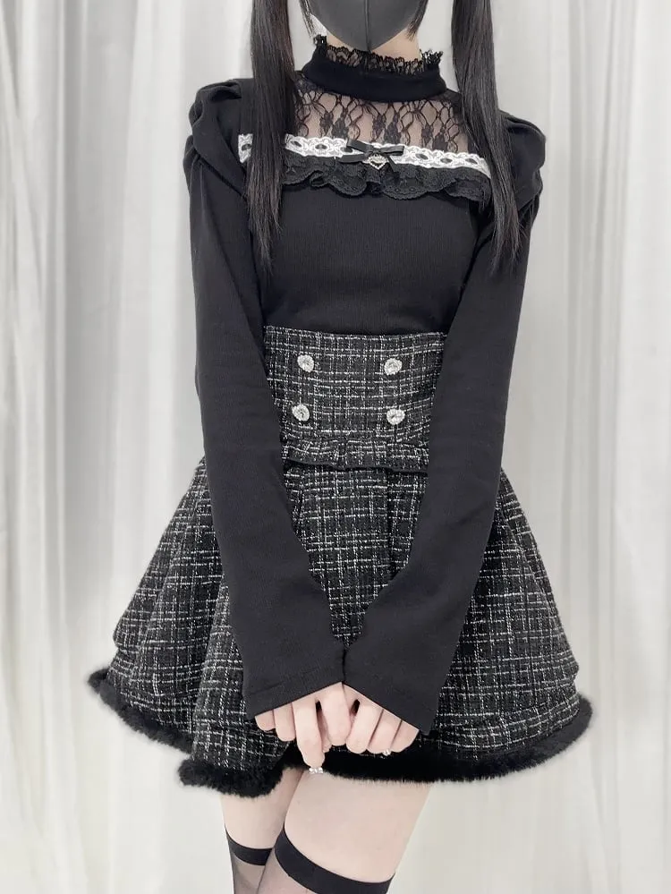 Black/White/Dusty Pink Tweed High Waist Tiered Skirt Plush Hem