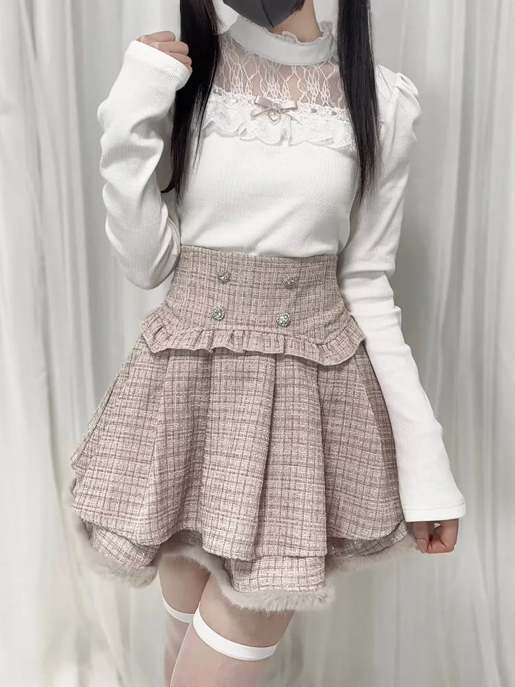 Black/White/Dusty Pink Tweed High Waist Tiered Skirt Plush Hem