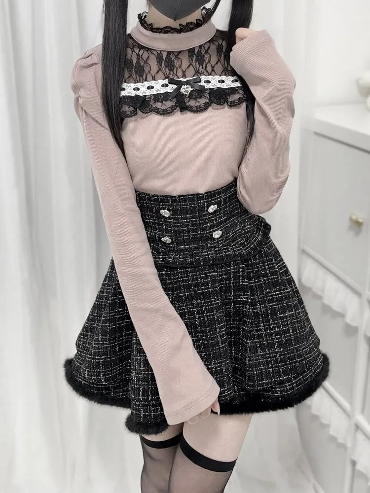 Black/White/Dusty Pink Tweed High Waist Tiered Skirt Plush Hem
