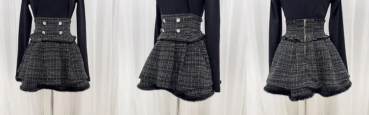 Black/White/Dusty Pink Tweed High Waist Tiered Skirt Plush Hem