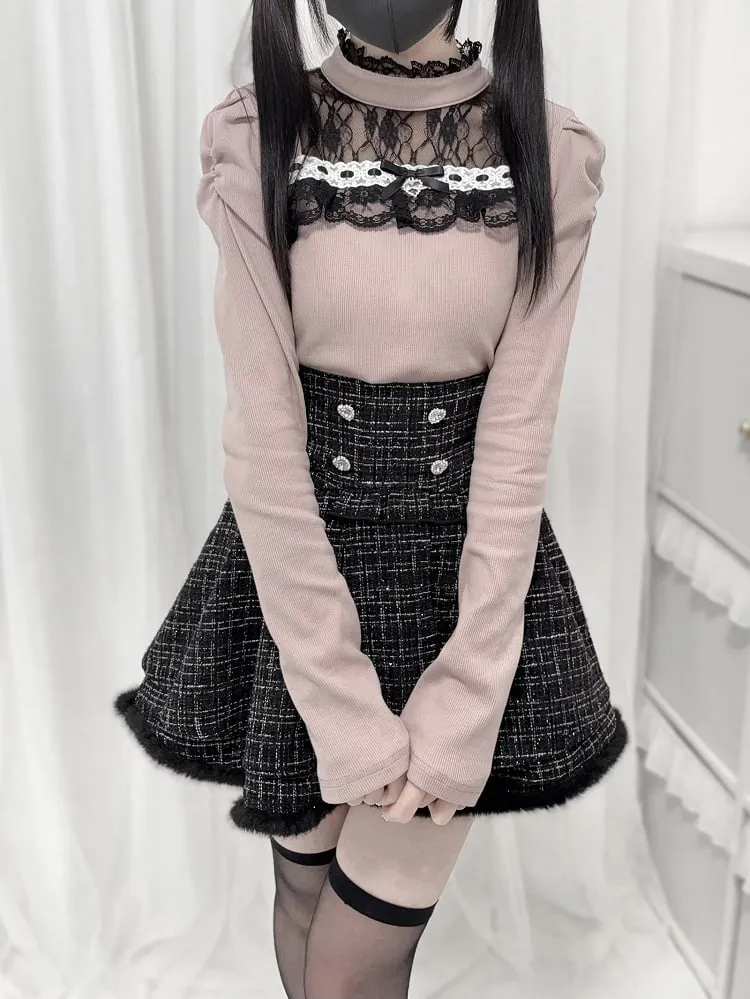 Black/White/Dusty Pink Tweed High Waist Tiered Skirt Plush Hem