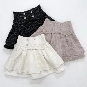 Black/White/Dusty Pink Tweed High Waist Tiered Skirt Plush Hem