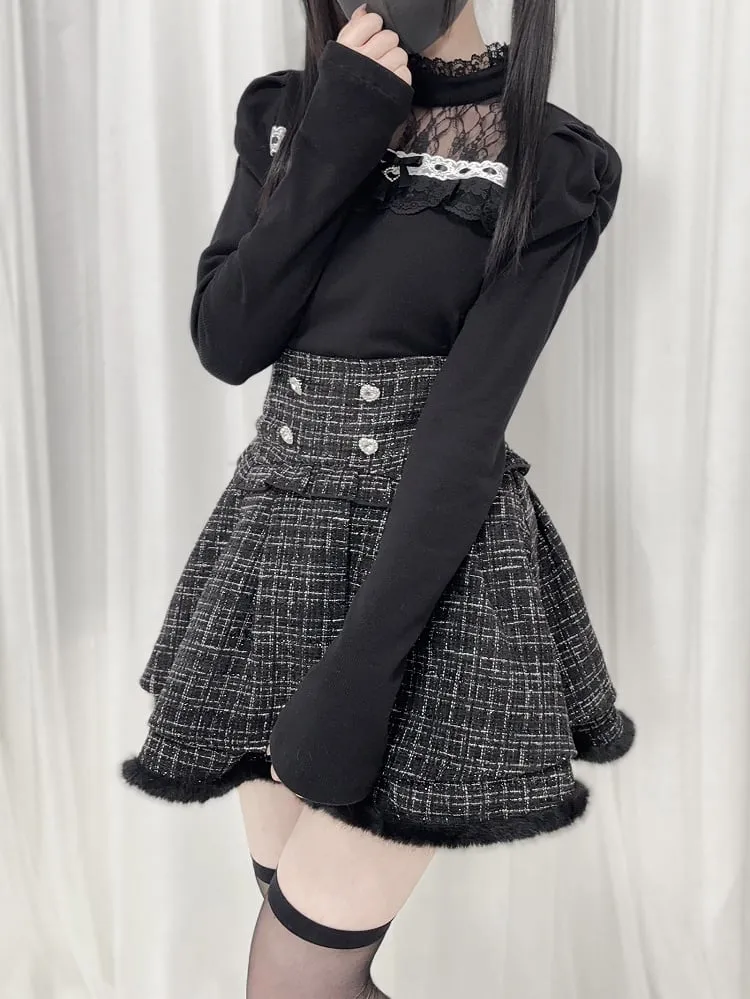 Black/White/Dusty Pink Tweed High Waist Tiered Skirt Plush Hem