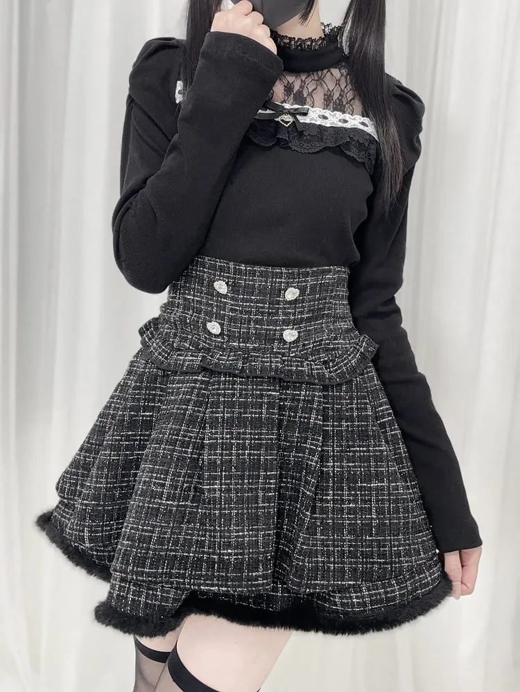 Black/White/Dusty Pink Tweed High Waist Tiered Skirt Plush Hem