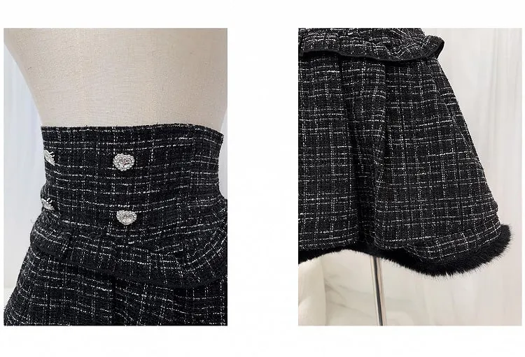 Black/White/Dusty Pink Tweed High Waist Tiered Skirt Plush Hem