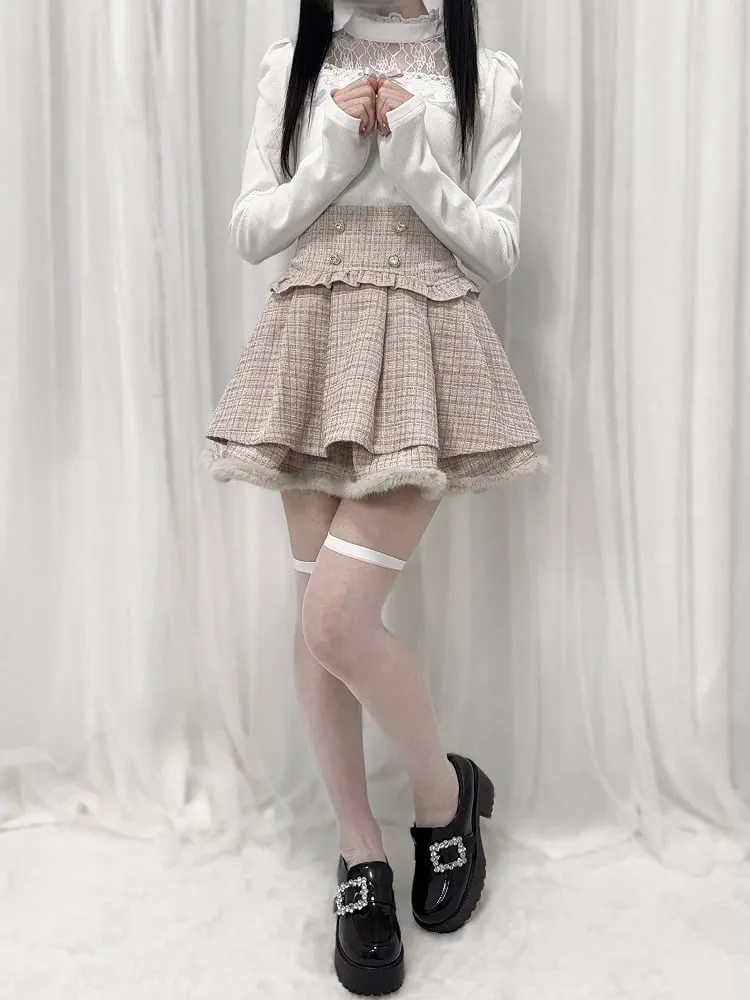 Black/White/Dusty Pink Tweed High Waist Tiered Skirt Plush Hem