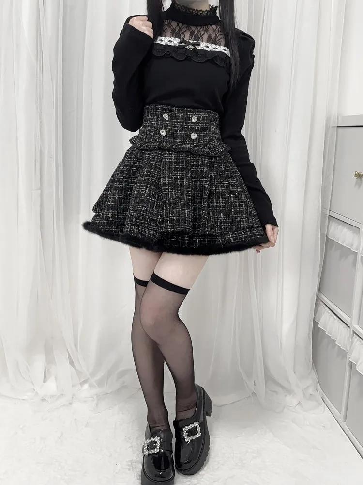 Black/White/Dusty Pink Tweed High Waist Tiered Skirt Plush Hem