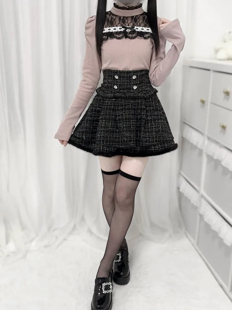 Black/White/Dusty Pink Tweed High Waist Tiered Skirt Plush Hem