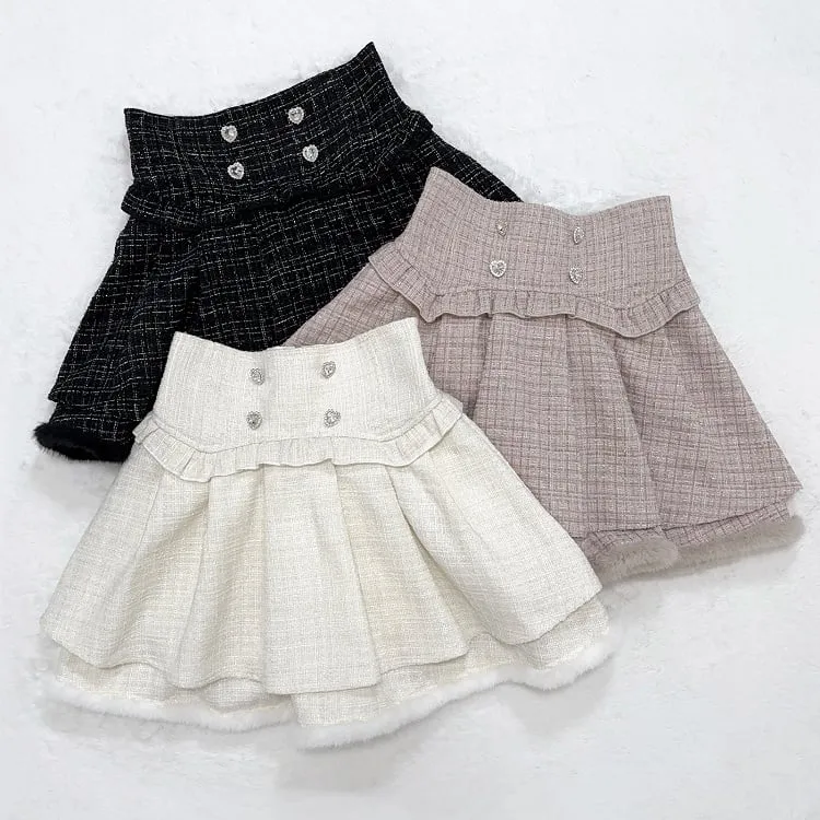 Black/White/Dusty Pink Tweed High Waist Tiered Skirt Plush Hem