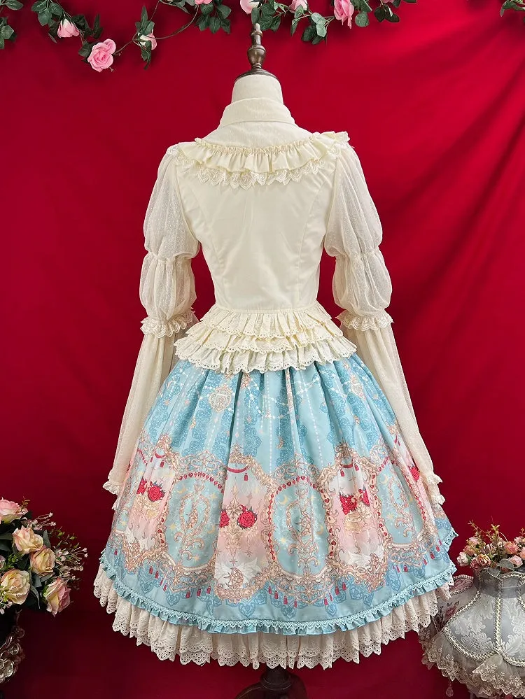 Blue Elegant Corset Belt High Waist Floral and Moon Lolita Skirt