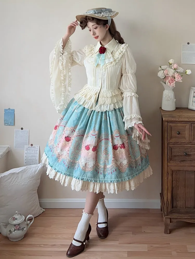 Blue Elegant Corset Belt High Waist Floral and Moon Lolita Skirt