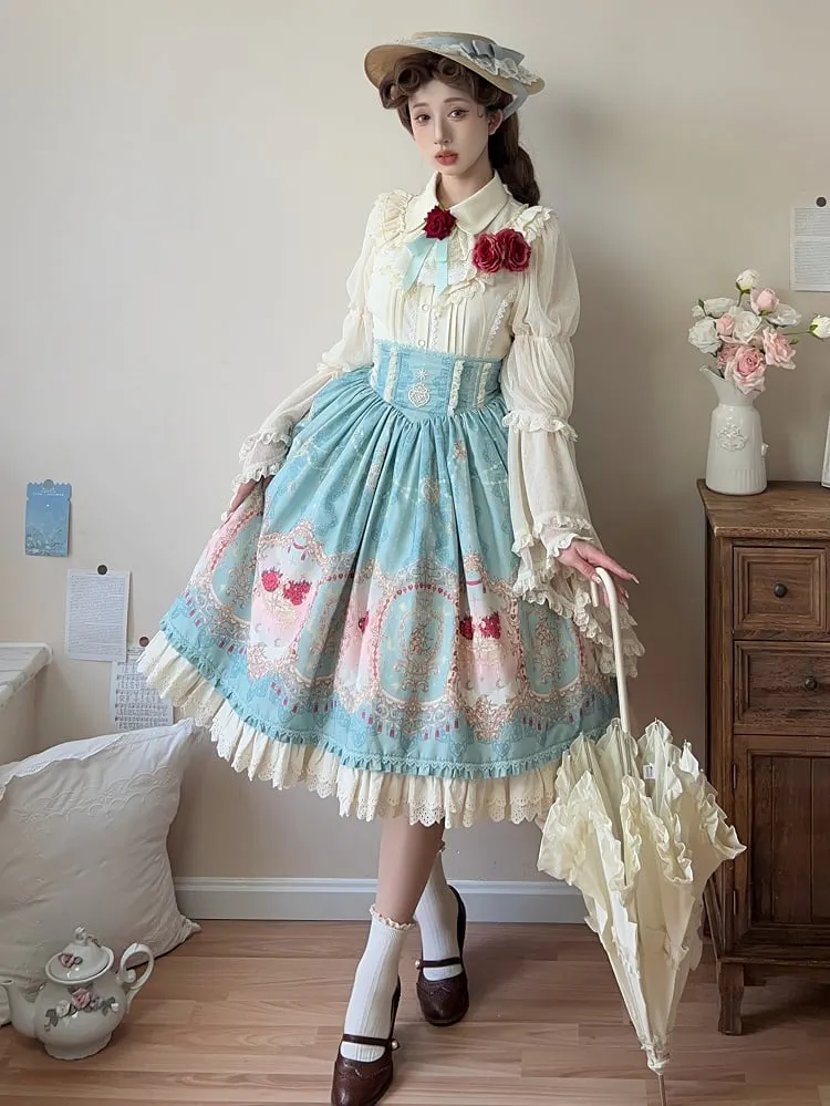 Blue Elegant Corset Belt High Waist Floral and Moon Lolita Skirt