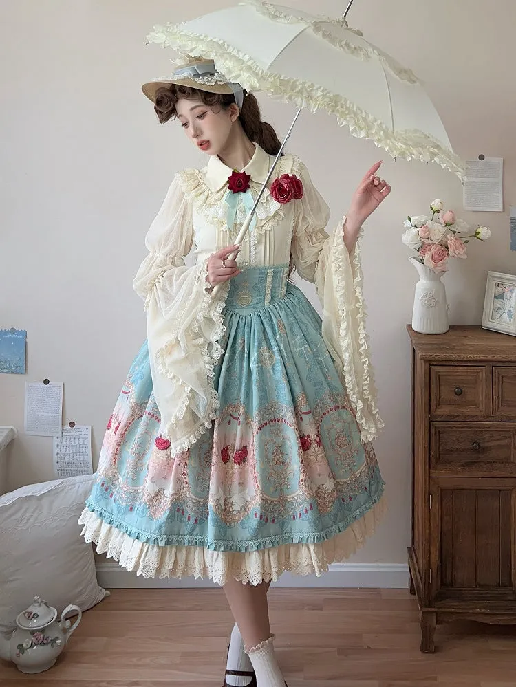 Blue Elegant Corset Belt High Waist Floral and Moon Lolita Skirt