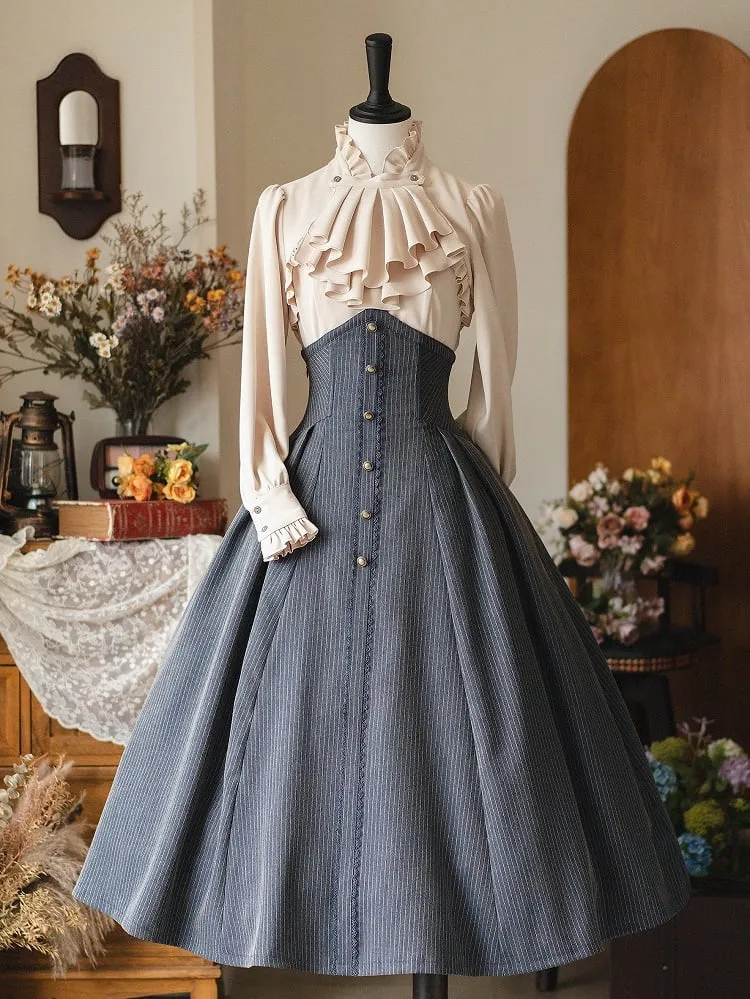 Dark Dusty Blue Spring Vintage Boned High Waist Elegant Classic Lolita Skirt