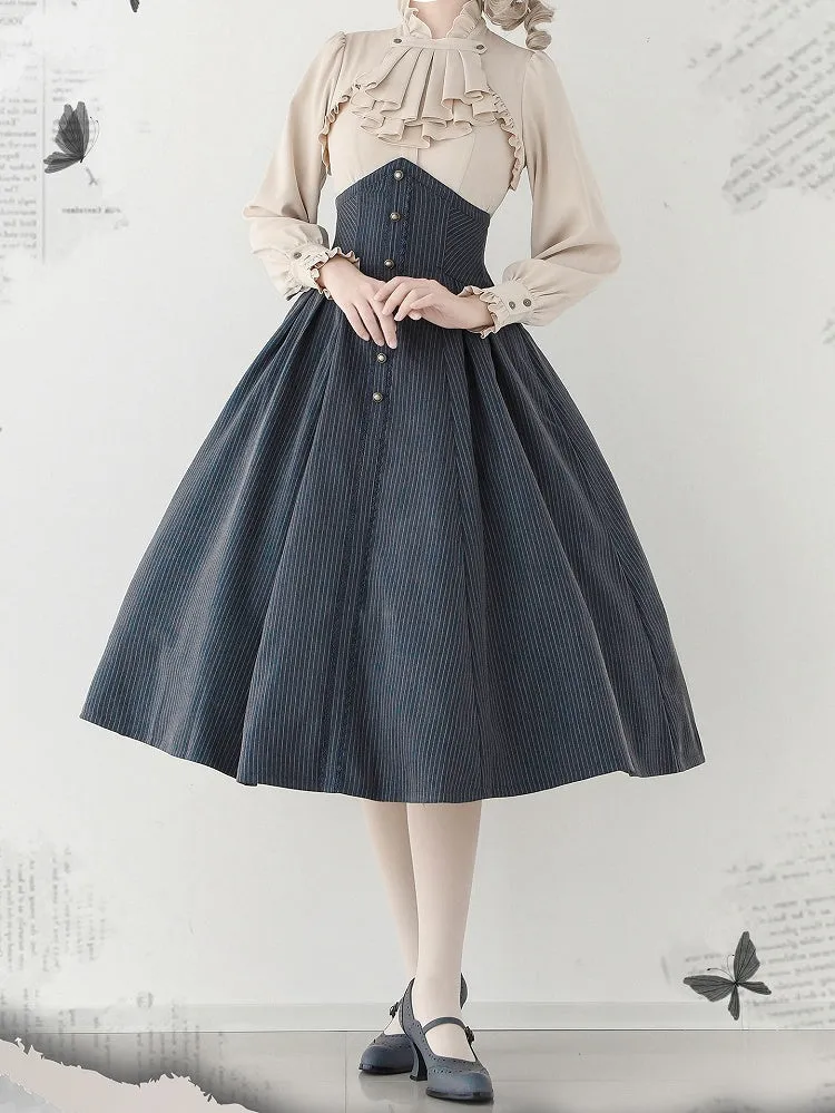Dark Dusty Blue Spring Vintage Boned High Waist Elegant Classic Lolita Skirt