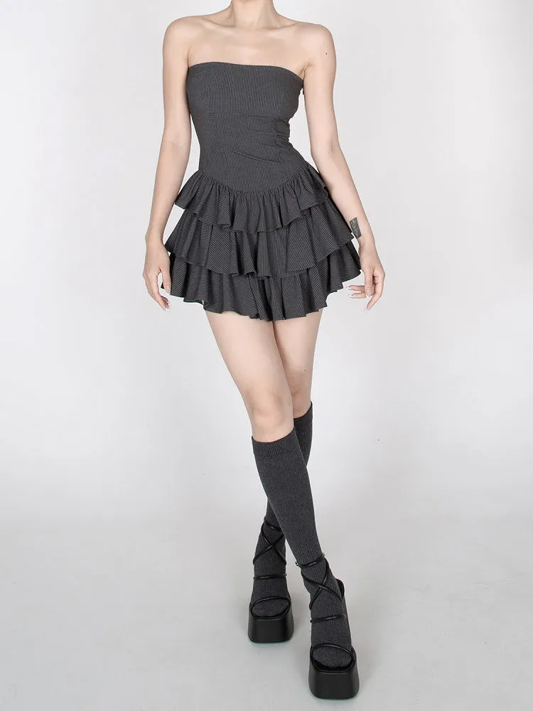 Dark Gray Striped Tiered Ruffles Mini Skirt Strapless Dress