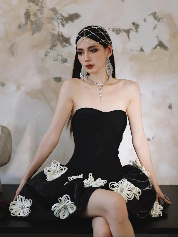 DOLLY Luxury Black Strapless Chet Wrap Flower Embroidered Tutu Cocktail Dress-Losa