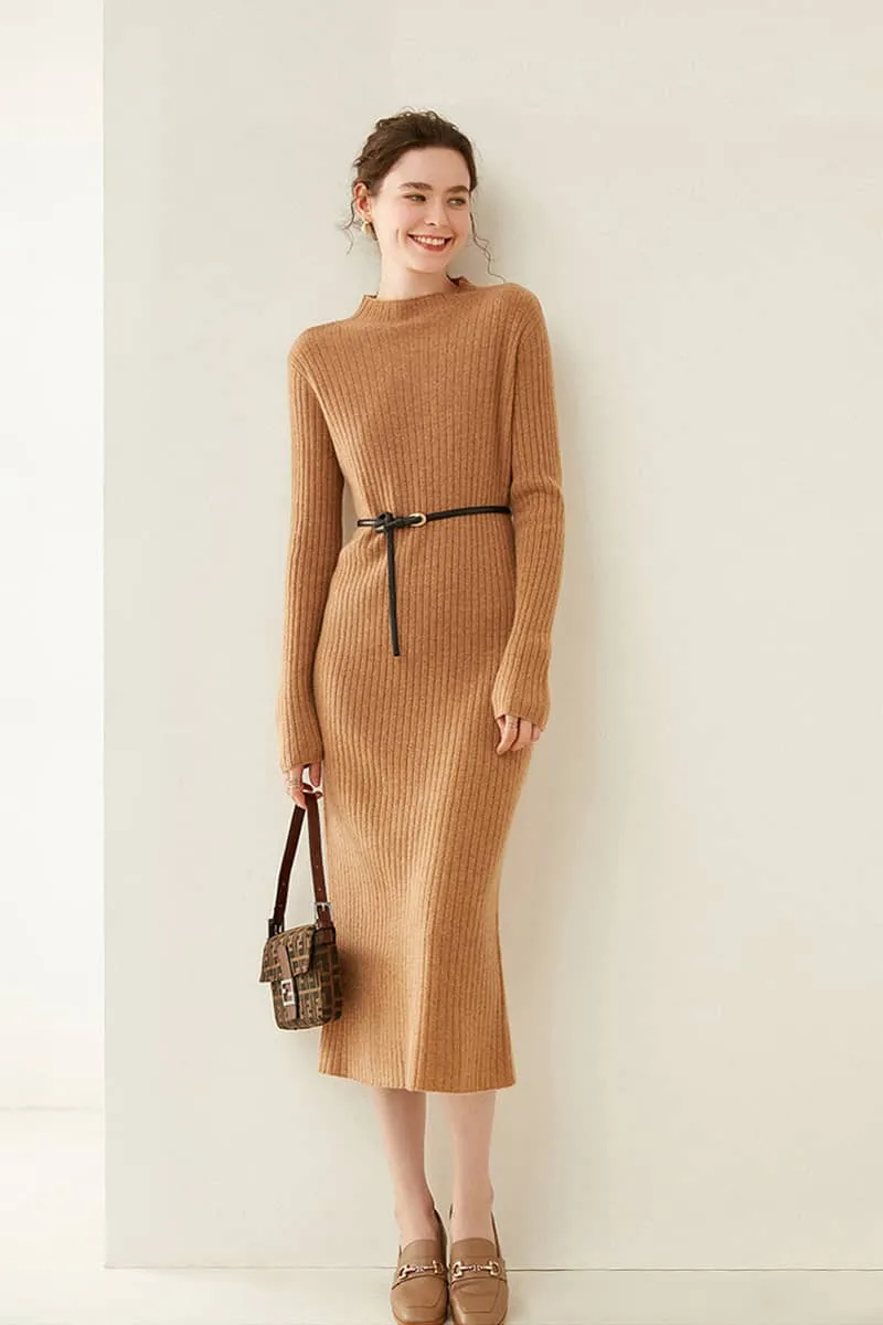 Half high collar cashmere knitted dress women