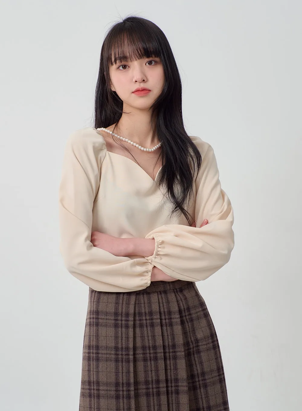 Heart Neck Puff Sleeve Blouse OJ316