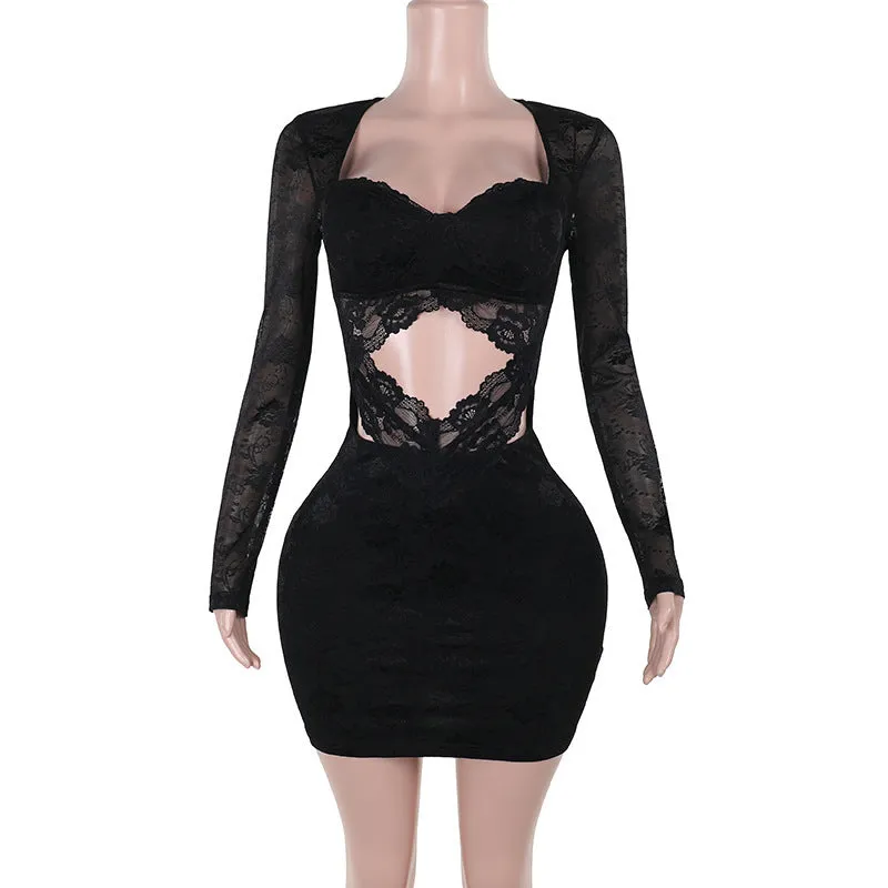 Lace Hollow Out Long Sleeve Narrow Dress Women