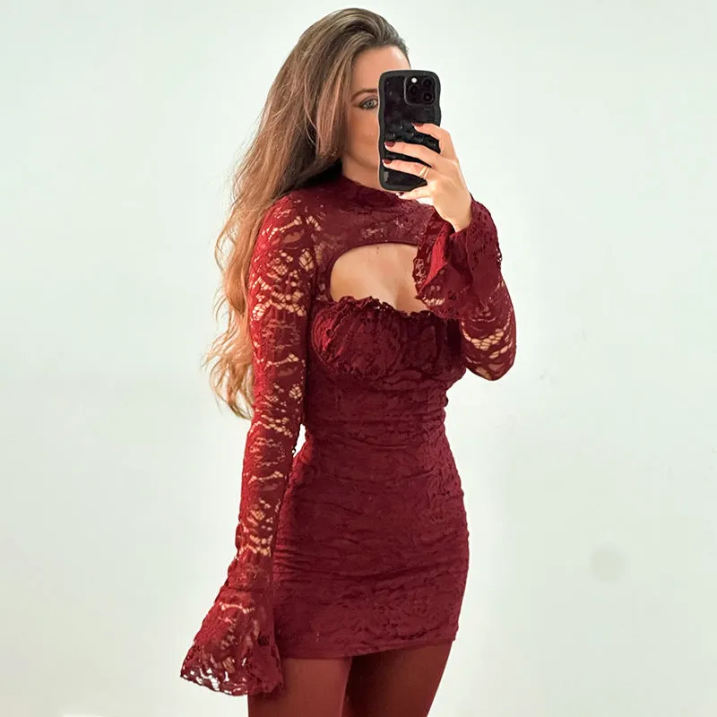 REALAIOT  Sanhu Lianjiang G24DS315 2025 women's clothing lace splicing chest hollow horn sleeve waist hip skirt wholesale