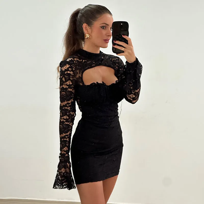 REALAIOT  Sanhu Lianjiang G24DS315 2025 women's clothing lace splicing chest hollow horn sleeve waist hip skirt wholesale