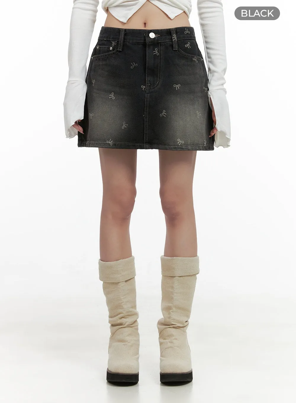 Ribbon Printed Denim Mini Skirt CS419