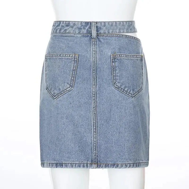 Single-side hollow denim skirt