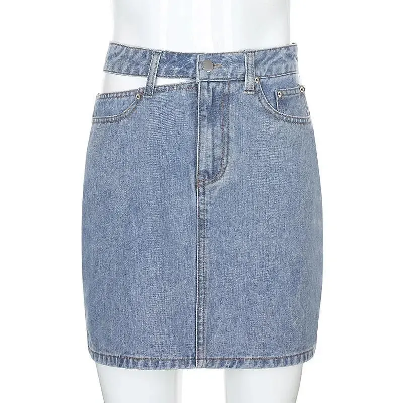 Single-side hollow denim skirt