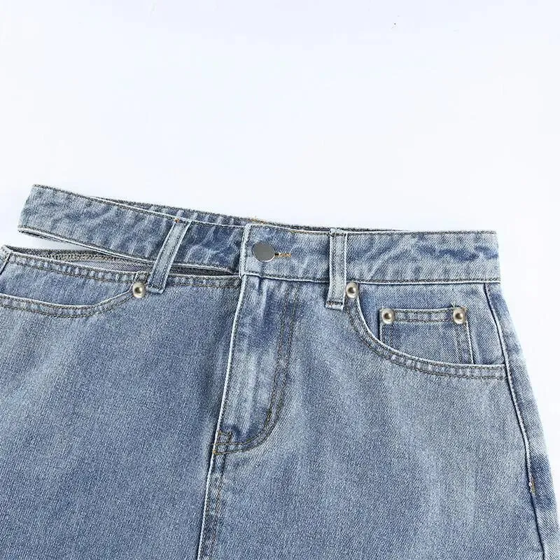 Single-side hollow denim skirt