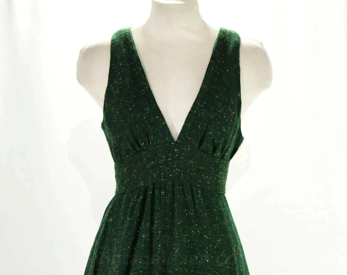 Size 10 Tweed Dress - Small 1970s Forest Green Flecked Jumper - Sleeveless Bodice - V Neck - Racer Back - Fall Autumn - Deadstock - 47335-4
