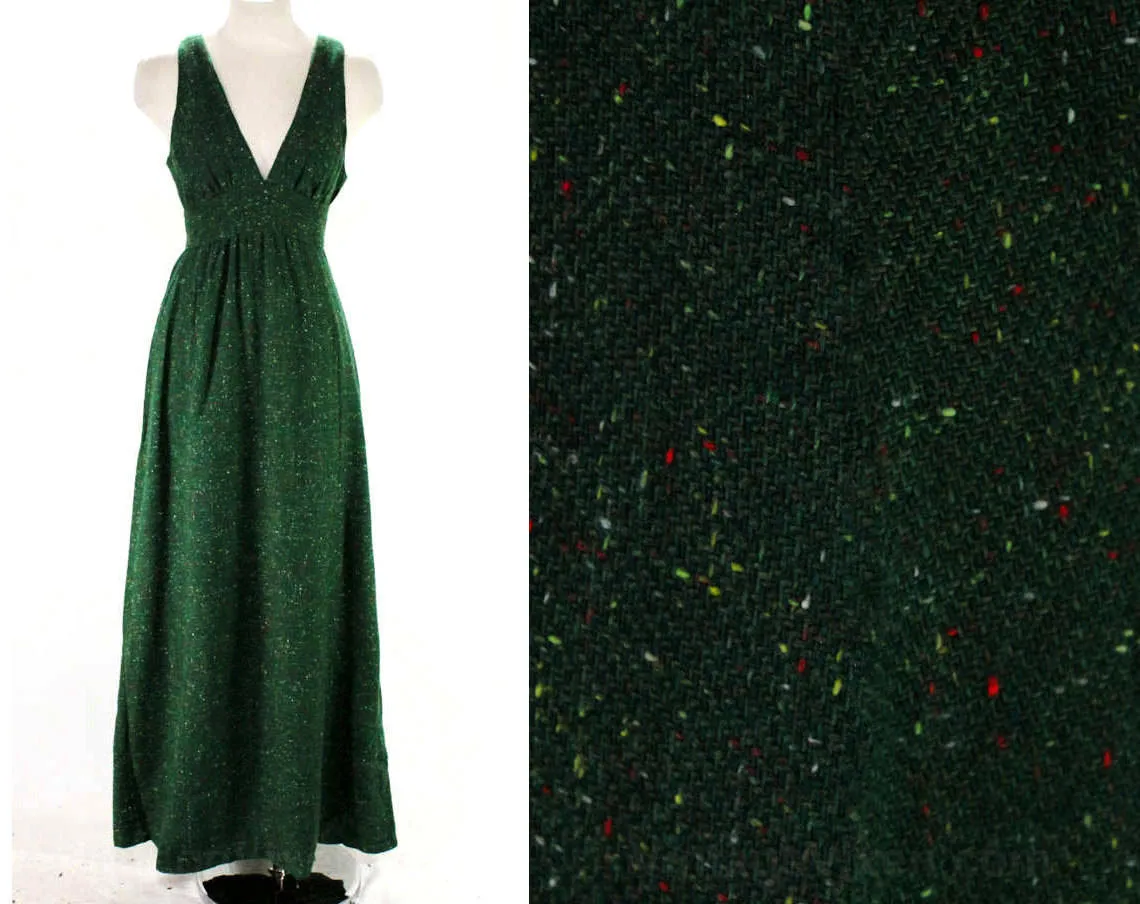 Size 10 Tweed Dress - Small 1970s Forest Green Flecked Jumper - Sleeveless Bodice - V Neck - Racer Back - Fall Autumn - Deadstock - 47335-4
