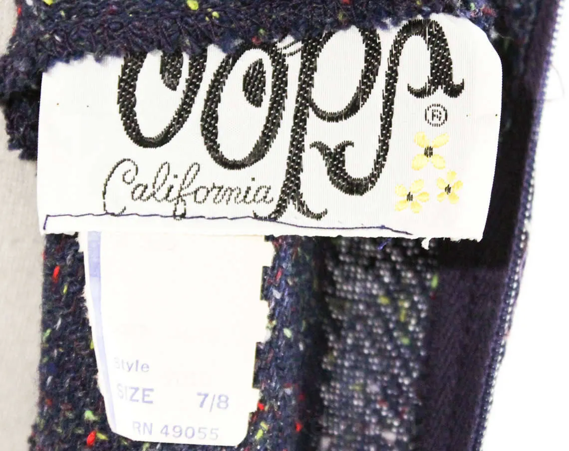 Size 8 Tweed Dress - 1970s Blue Flecked Jumper - Sleeveless Bodice - V Neck - Racer Back - Cute Fall Style - 70s Deadstock - 49723-1