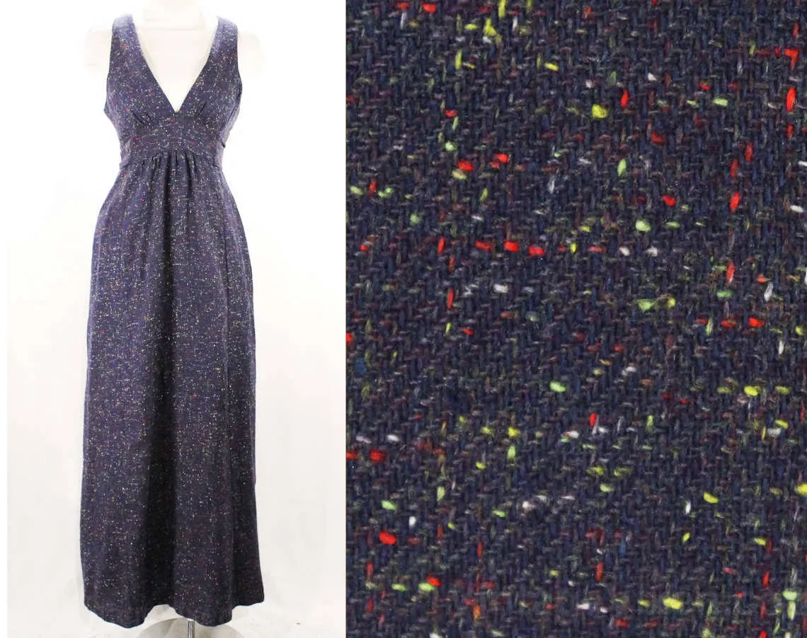 Size 8 Tweed Dress - 1970s Blue Flecked Jumper - Sleeveless Bodice - V Neck - Racer Back - Cute Fall Style - 70s Deadstock - 49723-1