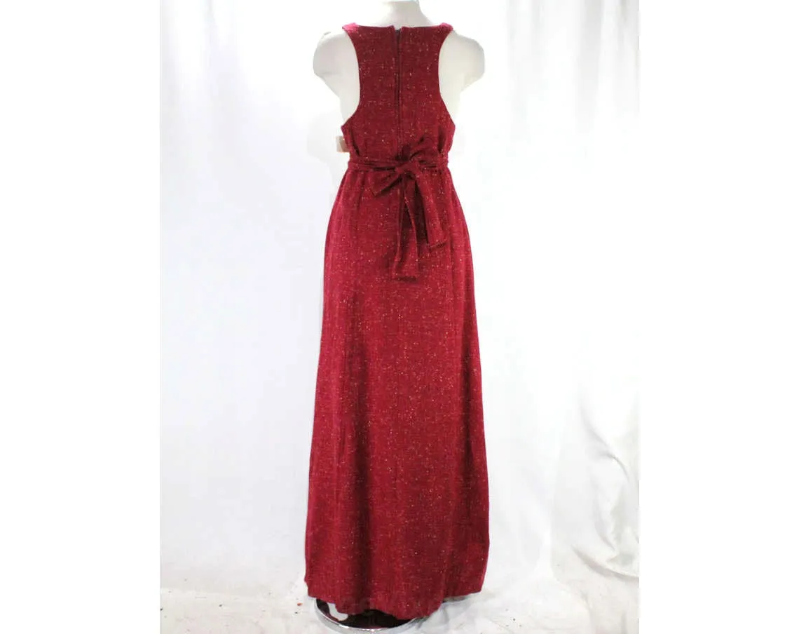 Size 8 Tweed Dress - 1970s Maroon Flecked Jumper - Sleeveless Bodice - V Neck - Racer Back - Cute Fall Style Long Maxi - 70s NWT Deadstock