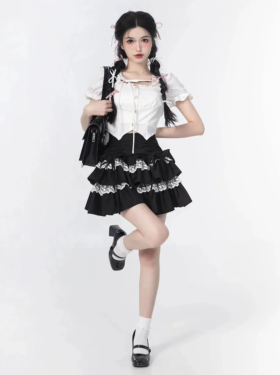 Skirt Top Sleeve Ruffle   Puff Cake Blouse