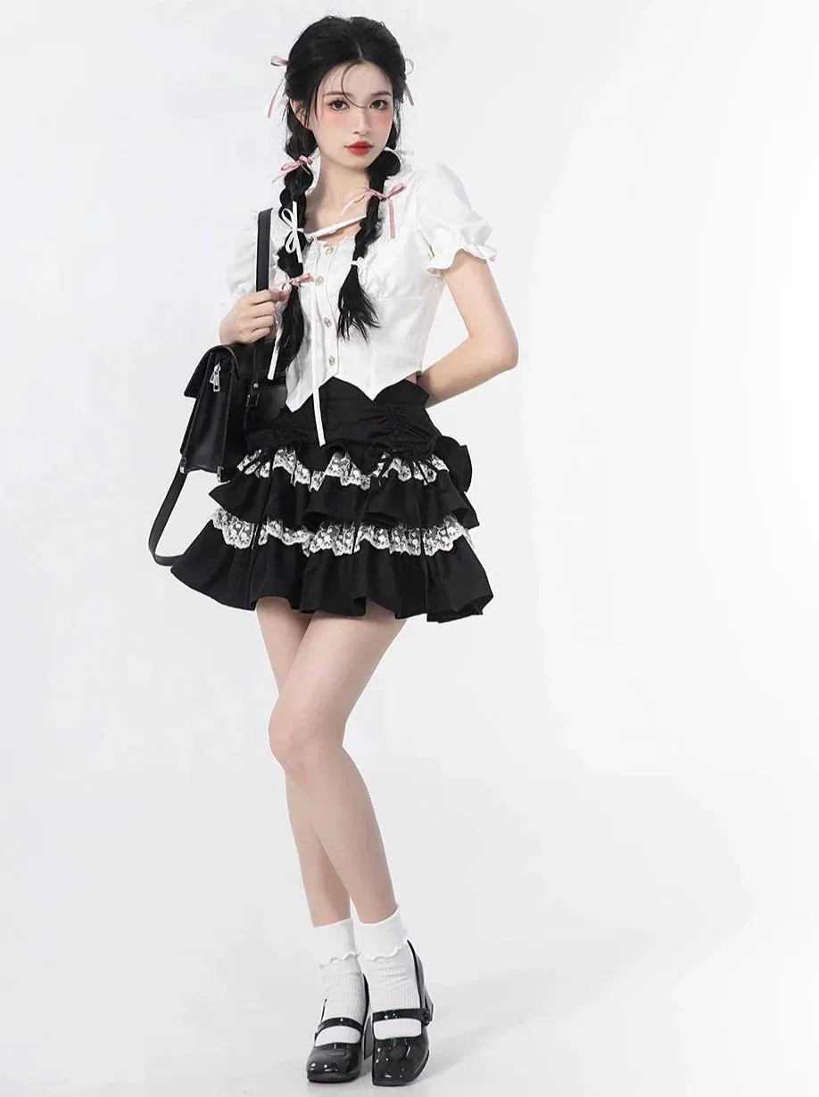 Skirt Top Sleeve Ruffle   Puff Cake Blouse