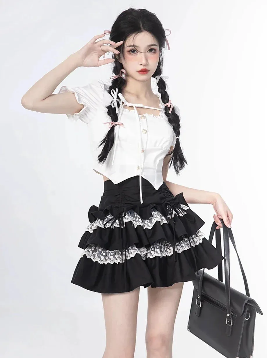 Skirt Top Sleeve Ruffle   Puff Cake Blouse