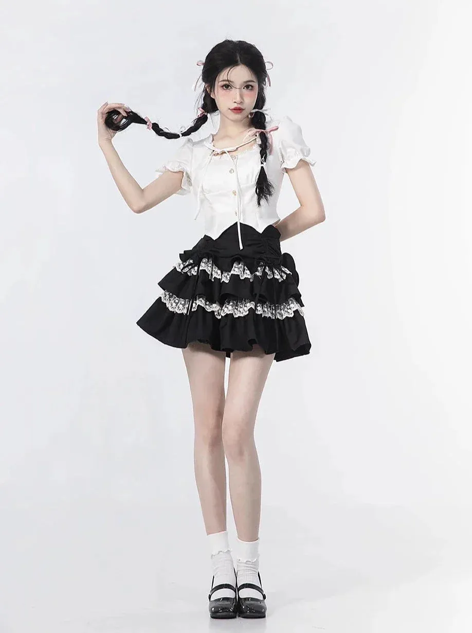 Skirt Top Sleeve Ruffle   Puff Cake Blouse