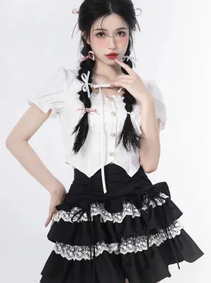 Skirt Top Sleeve Ruffle   Puff Cake Blouse