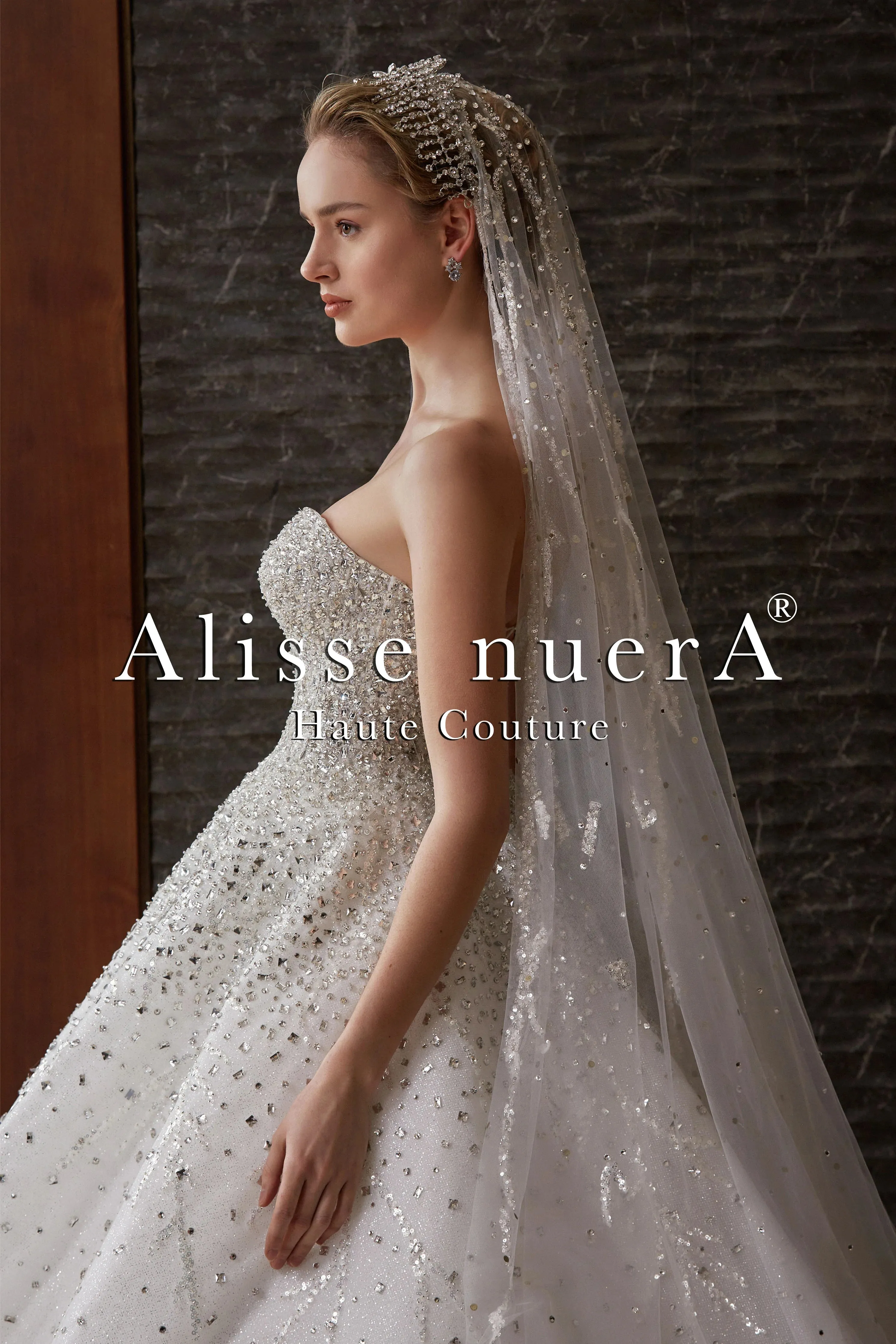 Sparkle Strapless Princess Wedding Dress with Rhinestone Embellished Long Veil
