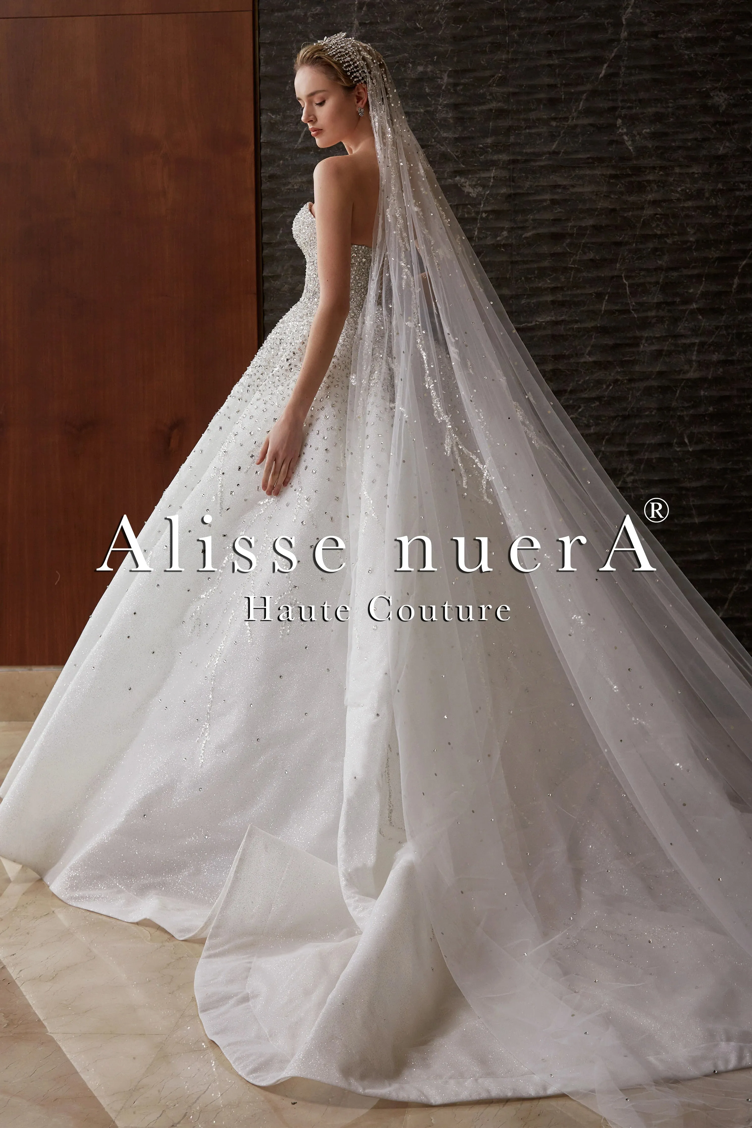 Sparkle Strapless Princess Wedding Dress with Rhinestone Embellished Long Veil